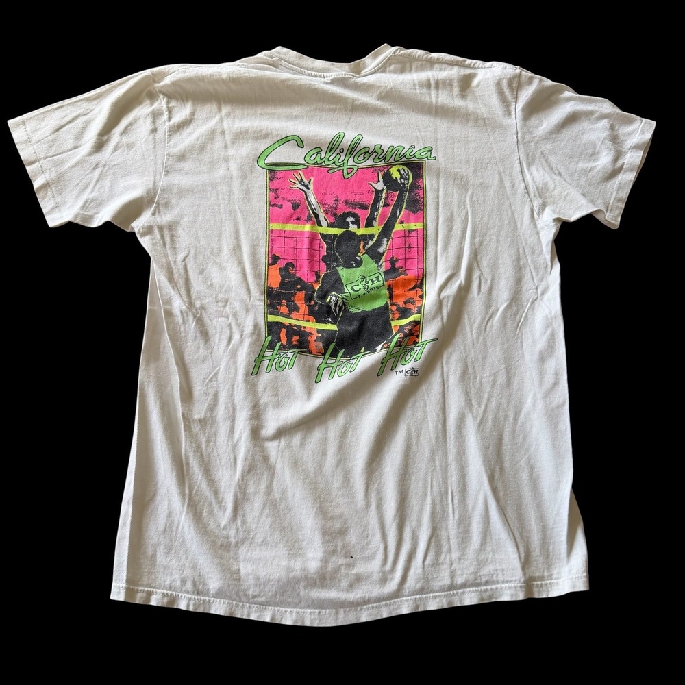 Vintage 80's Stedman California Hot Volleyball T-Shirt XL Neon Single Stitch